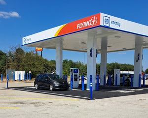 Chevrolet Bolt EV charging at a GM Energy station ready for an electric vehicle road trip