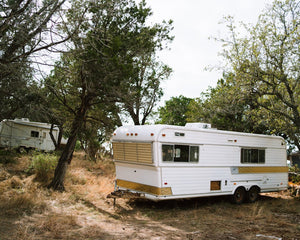 Vintage travel trailers parked in a peaceful forest campsite ready for a road trip adventure