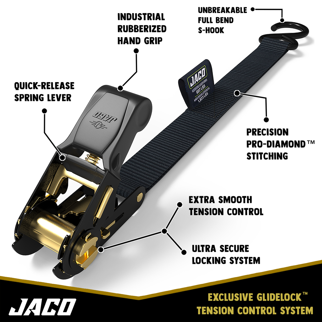 Tie Down Ratchet Straps (4 Pack) - 1 in x 15 ft | AAR Certified Break Strength (1,823 lbs) | Cargo Tie Down Set - Image 3 - JACO