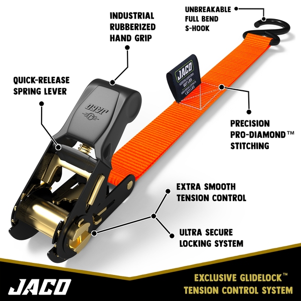 Tie Down Ratchet Straps (4 Pack) - 1 in x 15 ft | AAR Certified Break Strength (1,823 lbs) | Cargo Tie Down Set - Image 9 - JACO