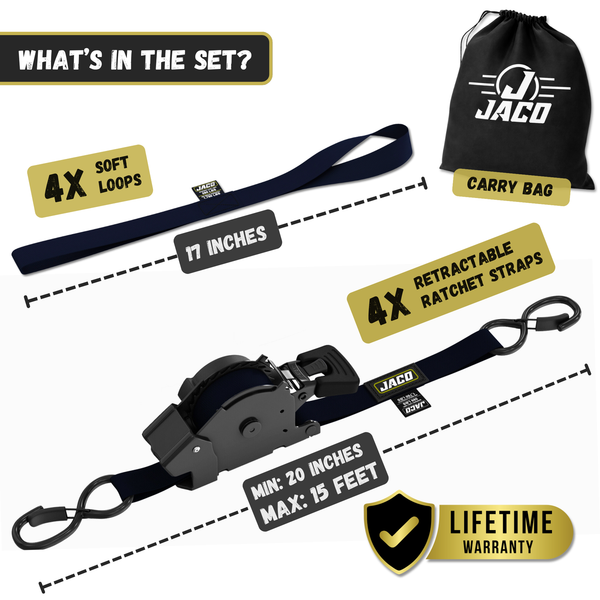 Retractable Ratchet Straps - 1" x 15 ft (1,760 lbs Break Strength) | Auto Self Retracting Cargo Tie Down Strap Set - Image 8 - JACO