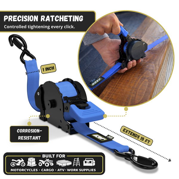 Retractable Ratchet Straps - 1" x 15 ft (1,760 lbs Break Strength) | Auto Self Retracting Cargo Tie Down Strap Set - Image 15 - JACO