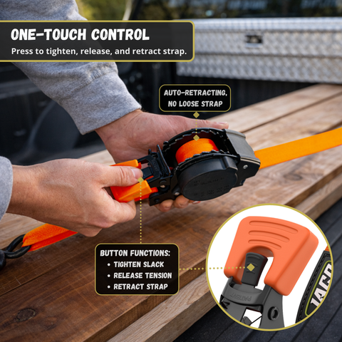 Retractable Ratchet Straps - 1" x 15 ft (1,760 lbs Break Strength) | Auto Self Retracting Cargo Tie Down Strap Set