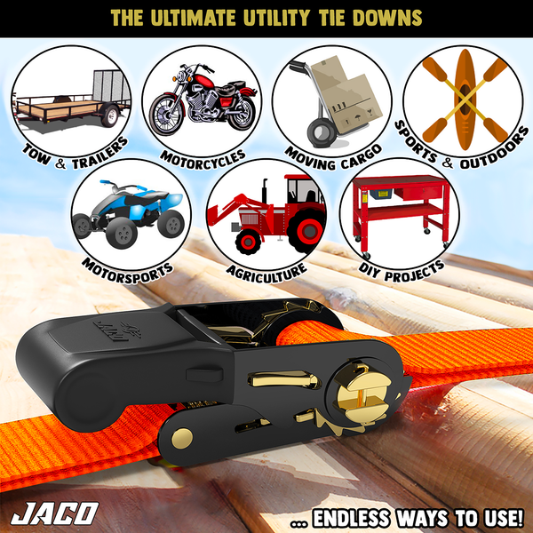 Tie Down Ratchet Straps (4 Pack) - 1 in x 15 ft | AAR Certified Break Strength (1,823 lbs) | Cargo Tie Down Set - Image 14 - JACO