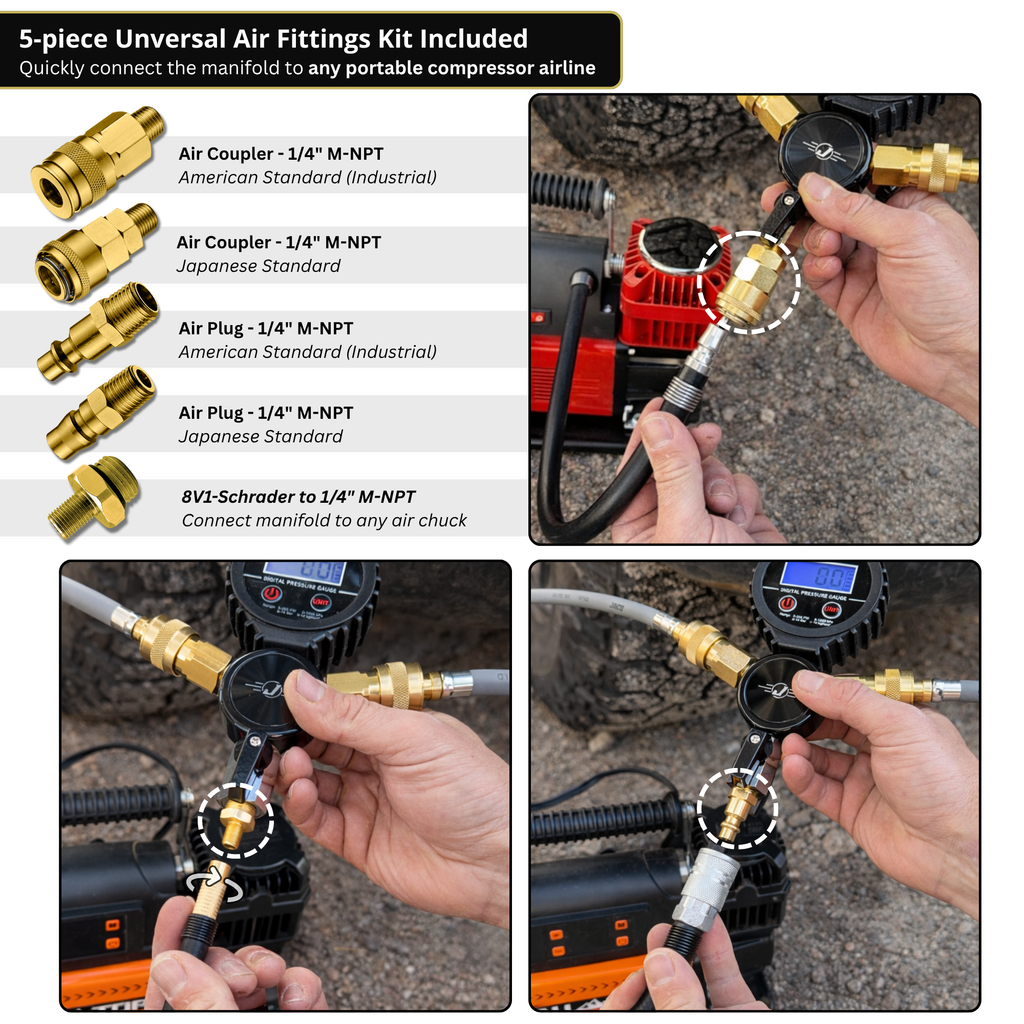 JACO Rapid 4-Tire Inflation/Deflation System with Lightning™ Air Chucks | 4-Way Multi-Tire Inflator/Deflator Hose Kit for Off Road 4x4