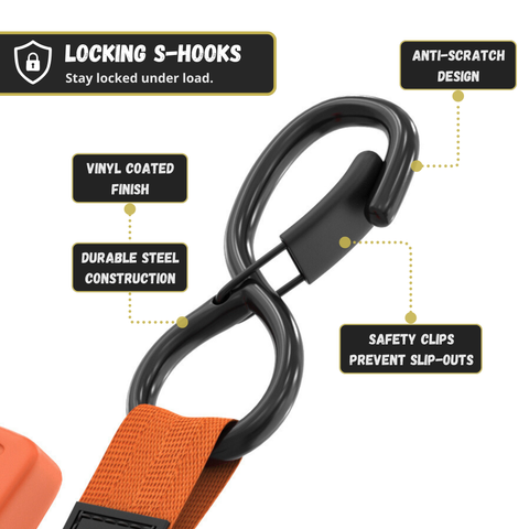 Retractable Ratchet Straps - 1" x 15 ft (1,760 lbs Break Strength) | Auto Self Retracting Cargo Tie Down Strap Set