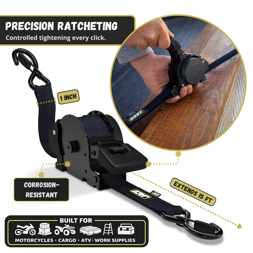 Retractable Ratchet Straps - 1" x 15 ft (1,760 lbs Break Strength) | Auto Self Retracting Cargo Tie Down Strap Set