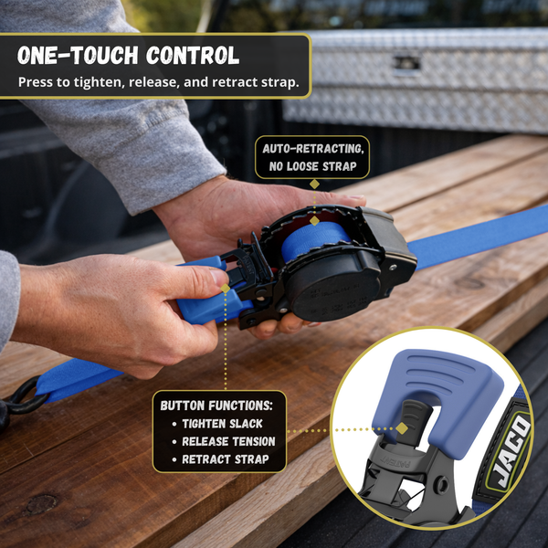 Retractable Ratchet Straps - 1" x 15 ft (1,760 lbs Break Strength) | Auto Self Retracting Cargo Tie Down Strap Set - Image 14 - JACO