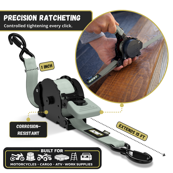 Retractable Ratchet Straps - 1" x 15 ft (1,760 lbs Break Strength) | Auto Self Retracting Cargo Tie Down Strap Set - Image 25 - JACO