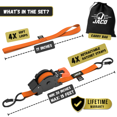 Retractable Ratchet Straps - 1" x 15 ft (1,760 lbs Break Strength) | Auto Self Retracting Cargo Tie Down Strap Set