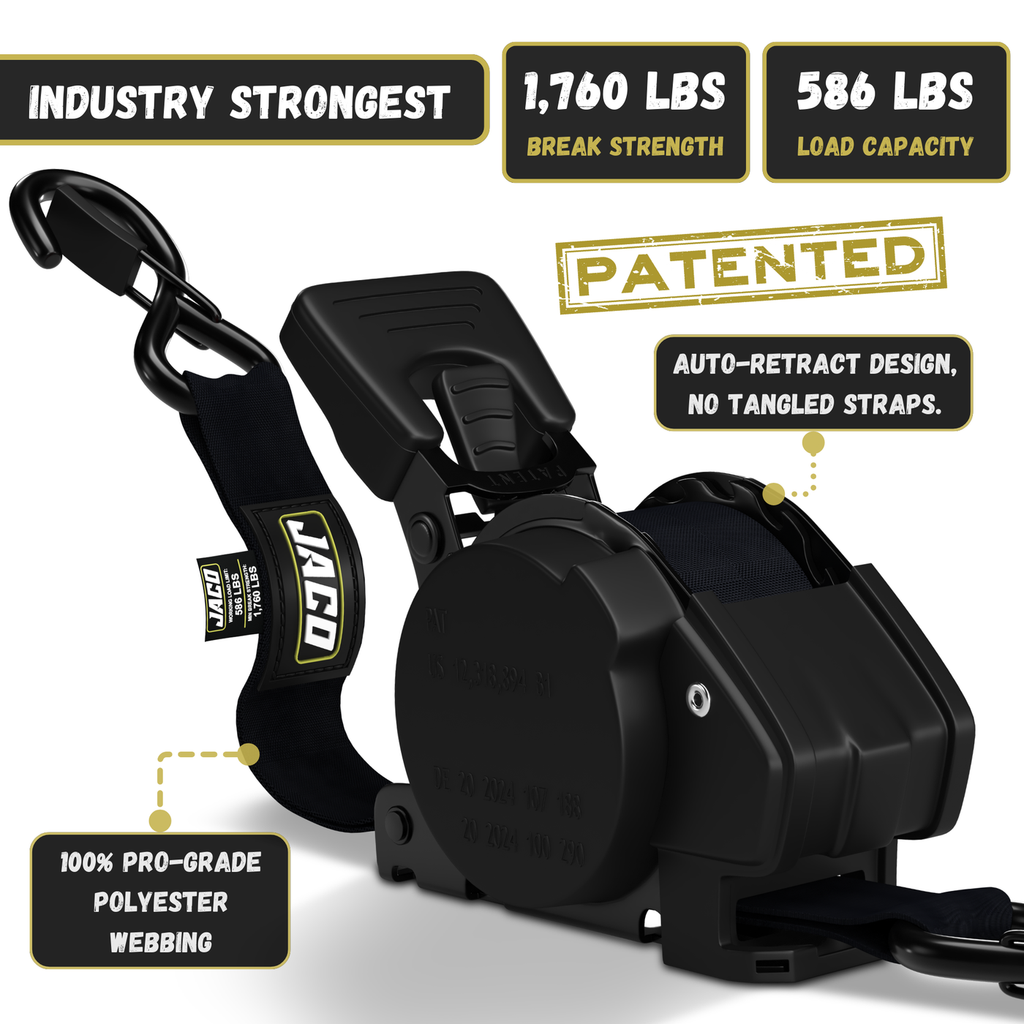 Retractable Ratchet Straps - 1" x 15 ft (1,760 lbs Break Strength) | Auto Self Retracting Cargo Tie Down Strap Set - Image 3 - JACO