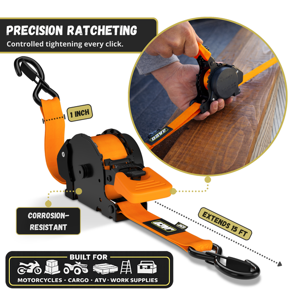 Retractable Ratchet Straps - 1" x 15 ft (1,760 lbs Break Strength) | Auto Self Retracting Cargo Tie Down Strap Set - Image 35 - JACO