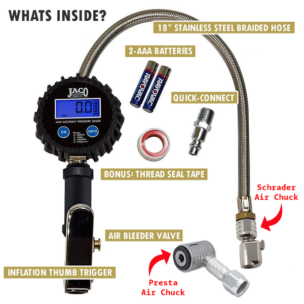 FlowPro® Bike Tire Inflator with Gauge - 200 PSI | with Lock-on Presta + Schrader Air Chucks (Bundle) - Image 2 - JACO