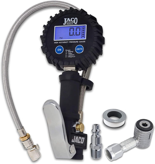 FlowPro® Bike Tire Inflator with Gauge - 200 PSI | with Lock-on Presta + Schrader Air Chucks (Bundle) - JACO