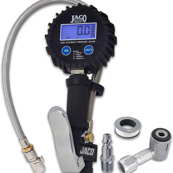 FlowPro® Bike Tire Inflator with Gauge - 200 PSI | with Lock-on Presta + Schrader Air Chucks (Bundle) - JACO