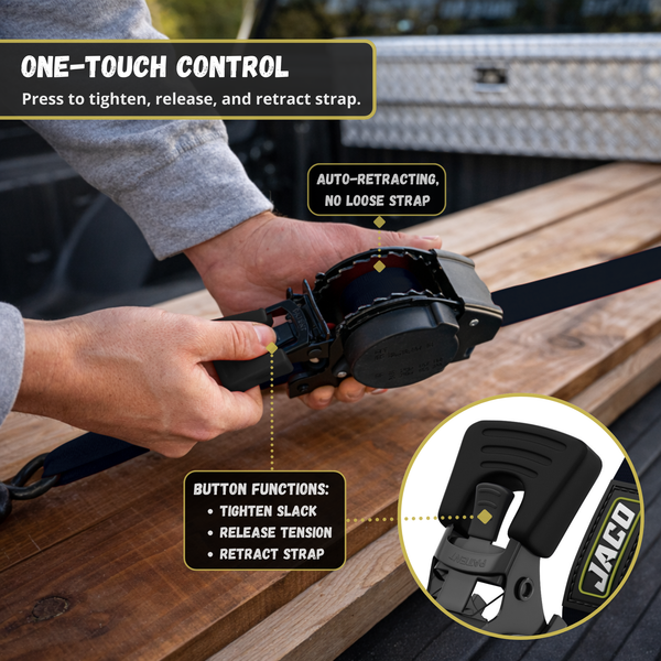 Retractable Ratchet Straps - 1" x 15 ft (1,760 lbs Break Strength) | Auto Self Retracting Cargo Tie Down Strap Set - Image 4 - JACO