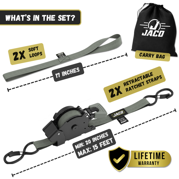 Retractable Ratchet Straps - 1" x 15 ft (1,760 lbs Break Strength) | Auto Self Retracting Cargo Tie Down Strap Set - Image 27 - JACO