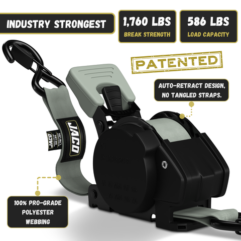 Retractable Ratchet Straps - 1" x 15 ft (1,760 lbs Break Strength) | Auto Self Retracting Cargo Tie Down Strap Set