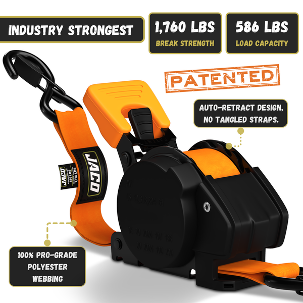Retractable Ratchet Straps - 1" x 15 ft (1,760 lbs Break Strength) | Auto Self Retracting Cargo Tie Down Strap Set - Image 33 - JACO