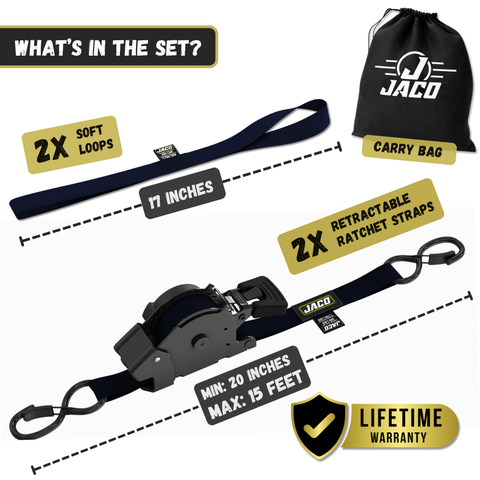 Retractable Ratchet Straps - 1" x 15 ft (1,760 lbs Break Strength) | Auto Self Retracting Cargo Tie Down Strap Set