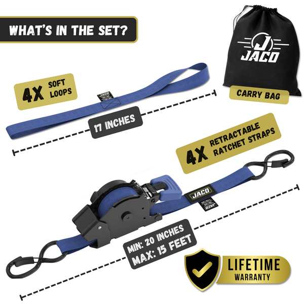 Retractable Ratchet Straps - 1" x 15 ft (1,760 lbs Break Strength) | Auto Self Retracting Cargo Tie Down Strap Set - Image 18 - JACO