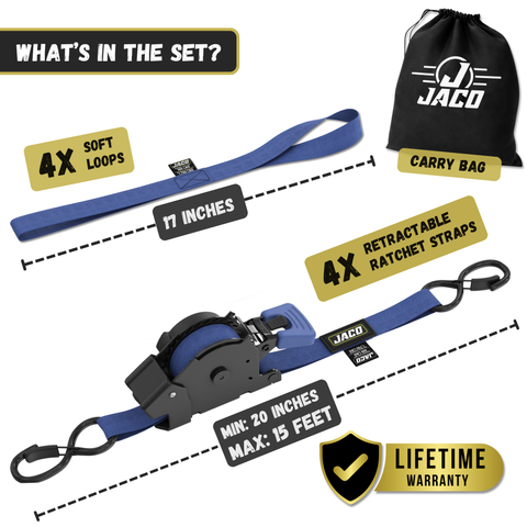 Retractable Ratchet Straps - 1" x 15 ft (1,760 lbs Break Strength) | Auto Self Retracting Cargo Tie Down Strap Set