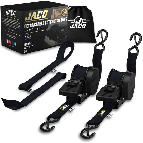 Retractable Ratchet Straps - 1" x 15 ft (1,760 lbs Break Strength) | Auto Self Retracting Cargo Tie Down Strap Set - JACO