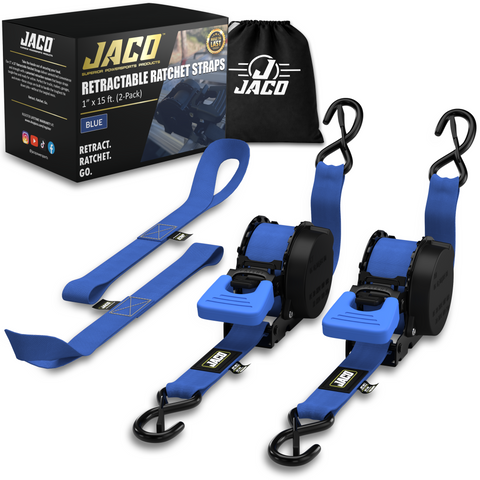 Retractable Ratchet Straps - 1" x 15 ft (1,760 lbs Break Strength) | Auto Self Retracting Cargo Tie Down Strap Set