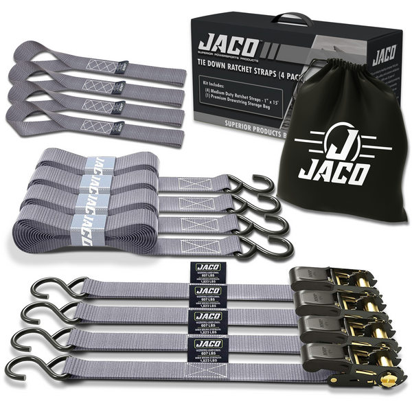 Tie Down Ratchet Straps (4 Pack) - 1 in x 15 ft | AAR Certified Break Strength (1,823 lbs) | Cargo Tie Down Set - Image 15 - JACO