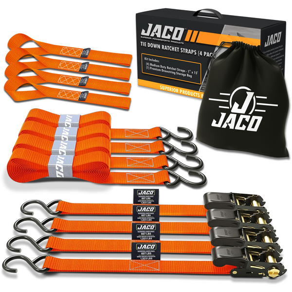 Tie Down Ratchet Straps (4 Pack) - 1 in x 15 ft | AAR Certified Break Strength (1,823 lbs) | Cargo Tie Down Set - Image 8 - JACO