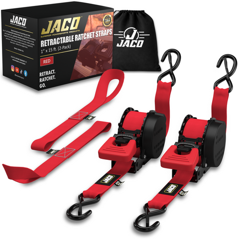 Retractable Ratchet Straps - 1" x 15 ft (1,760 lbs Break Strength) | Auto Self Retracting Cargo Tie Down Strap Set