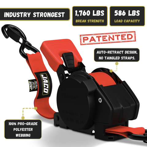 Retractable Ratchet Straps - 1" x 15 ft (1,760 lbs Break Strength) | Auto Self Retracting Cargo Tie Down Strap Set