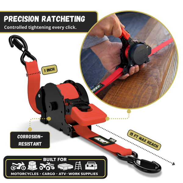 Retractable Ratchet Straps - 1" x 15 ft (1,760 lbs Break Strength) | Auto Self Retracting Cargo Tie Down Strap Set - Image 45 - JACO