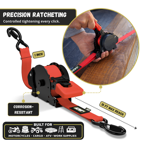 Retractable Ratchet Straps - 1" x 15 ft (1,760 lbs Break Strength) | Auto Self Retracting Cargo Tie Down Strap Set