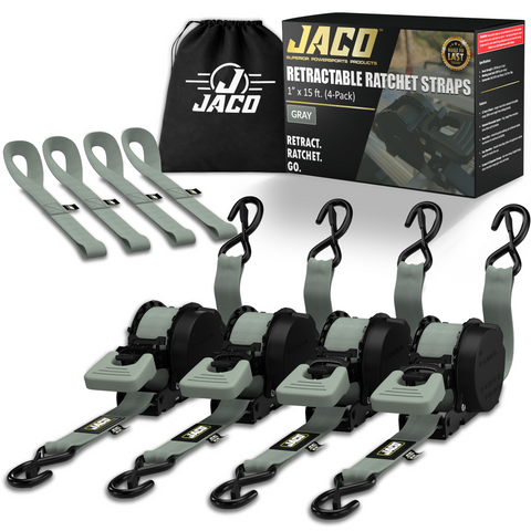 Retractable Ratchet Straps - 1" x 15 ft (1,760 lbs Break Strength) | Auto Self Retracting Cargo Tie Down Strap Set