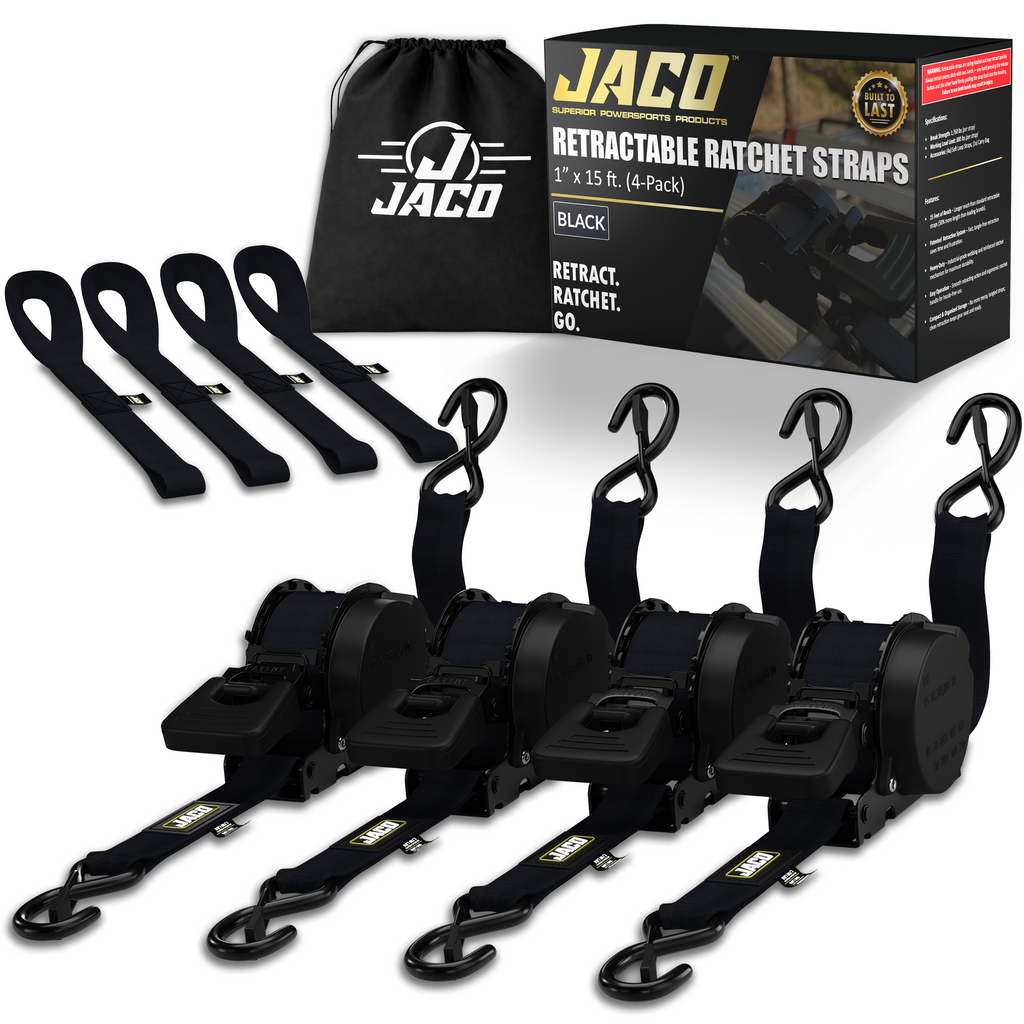 Retractable Ratchet Straps - 1" x 15 ft (1,760 lbs Break Strength) | Auto Self Retracting Cargo Tie Down Strap Set