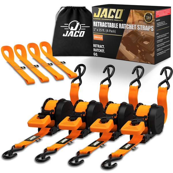 Retractable Ratchet Straps - 1" x 15 ft (1,760 lbs Break Strength) | Auto Self Retracting Cargo Tie Down Strap Set - Image 32 - JACO
