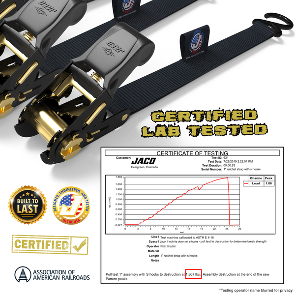 Tie Down Ratchet Straps (4 Pack) - 1 in x 15 ft | AAR Certified Break Strength (1,823 lbs) | Cargo Tie Down Set - Image 6 - JACO