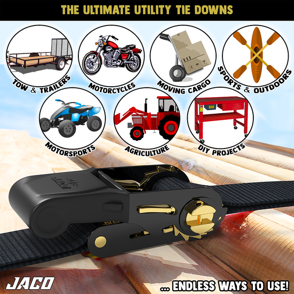 Tie Down Ratchet Straps (4 Pack) - 1 in x 15 ft | AAR Certified Break Strength (1,823 lbs) | Cargo Tie Down Set - Image 7 - JACO