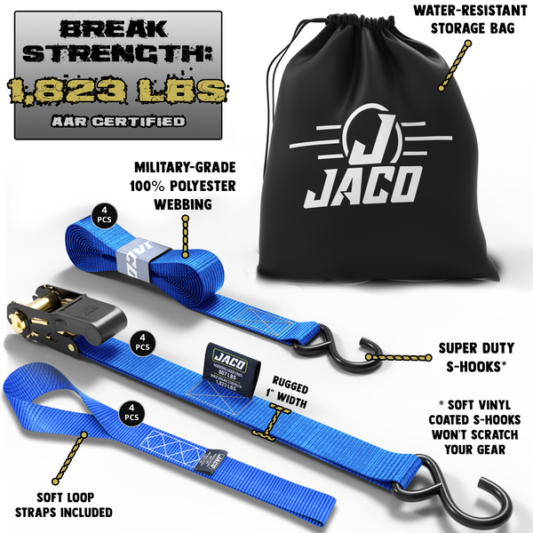Tie Down Ratchet Straps (4 Pack) - 1 in x 15 ft | AAR Certified Break Strength (1,823 lbs) | Cargo Tie Down Set - Image 22 - JACO