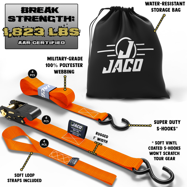 Tie Down Ratchet Straps (4 Pack) - 1 in x 15 ft | AAR Certified Break Strength (1,823 lbs) | Cargo Tie Down Set - Image 10 - JACO