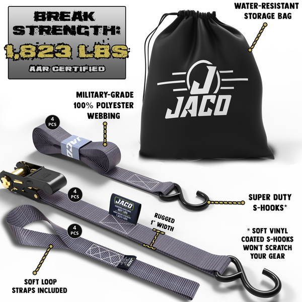 Tie Down Ratchet Straps (4 Pack) - 1 in x 15 ft | AAR Certified Break Strength (1,823 lbs) | Cargo Tie Down Set - Image 16 - JACO