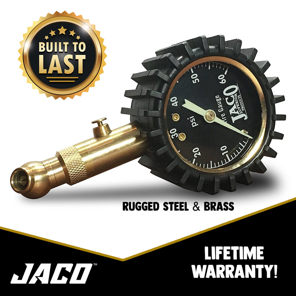 JACO Elite Low Pressure Tire Gauge - 0-15 PSI, Glow Dial, Brass Chuck, Bleeder Valve For ATV, Tractor, Lawn Mower Tires