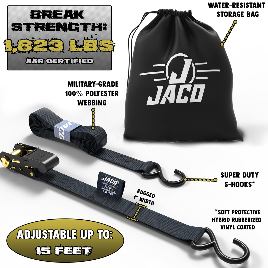 Tie Down Ratchet Straps (4 Pack) - 1 in x 15 ft | AAR Certified Break Strength (1,823 lbs) | Cargo Tie Down Set