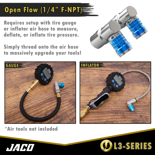 Lightning™ L3-Series Bike Tire Air Chuck - 1/4" F-NPT (Presta + Schrader Valves) | Open Flow (2 Pack) - Image 7 - JACO