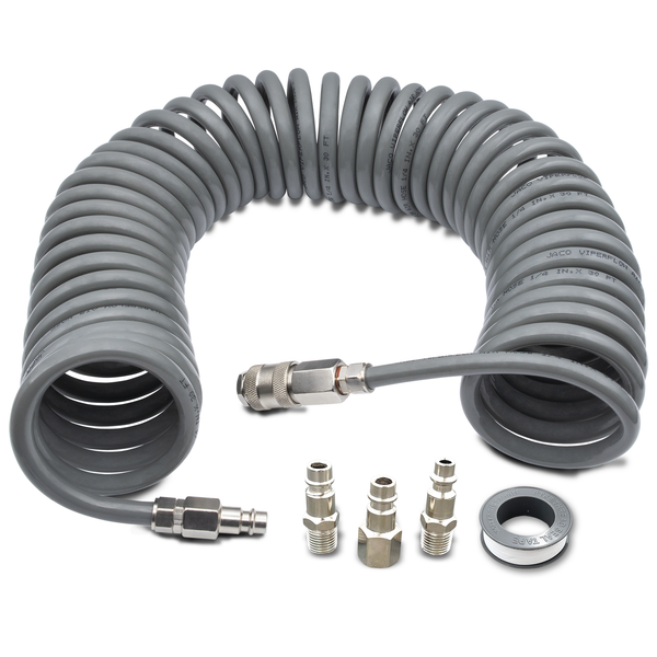 Polyurethane Coiled Air Hose Kit - 1/4" x 30 ft | with Air Compressor Fittings - JACO