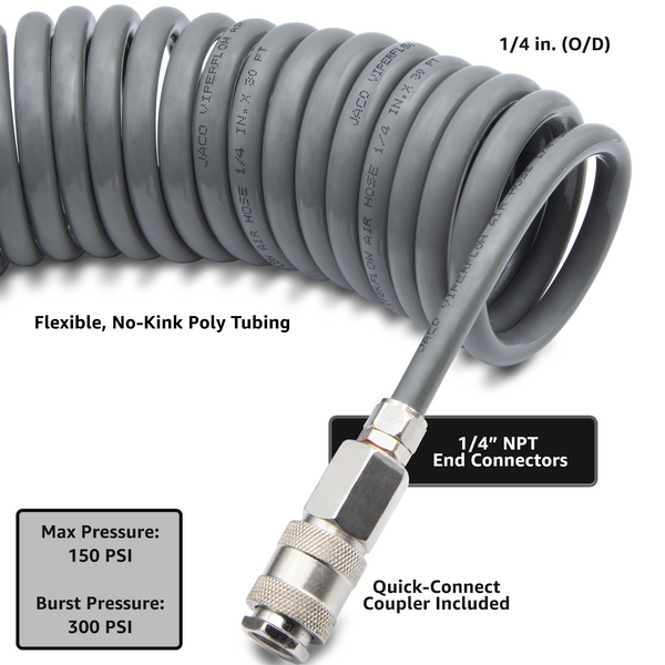 JACO CobraFlow Polyurethane Recoil Air Hose Kit 1/4" x 30 ft with