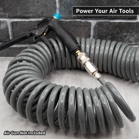 Polyurethane Coiled Air Hose Kit - 1/4" x 30 ft | with Air Compressor Fittings